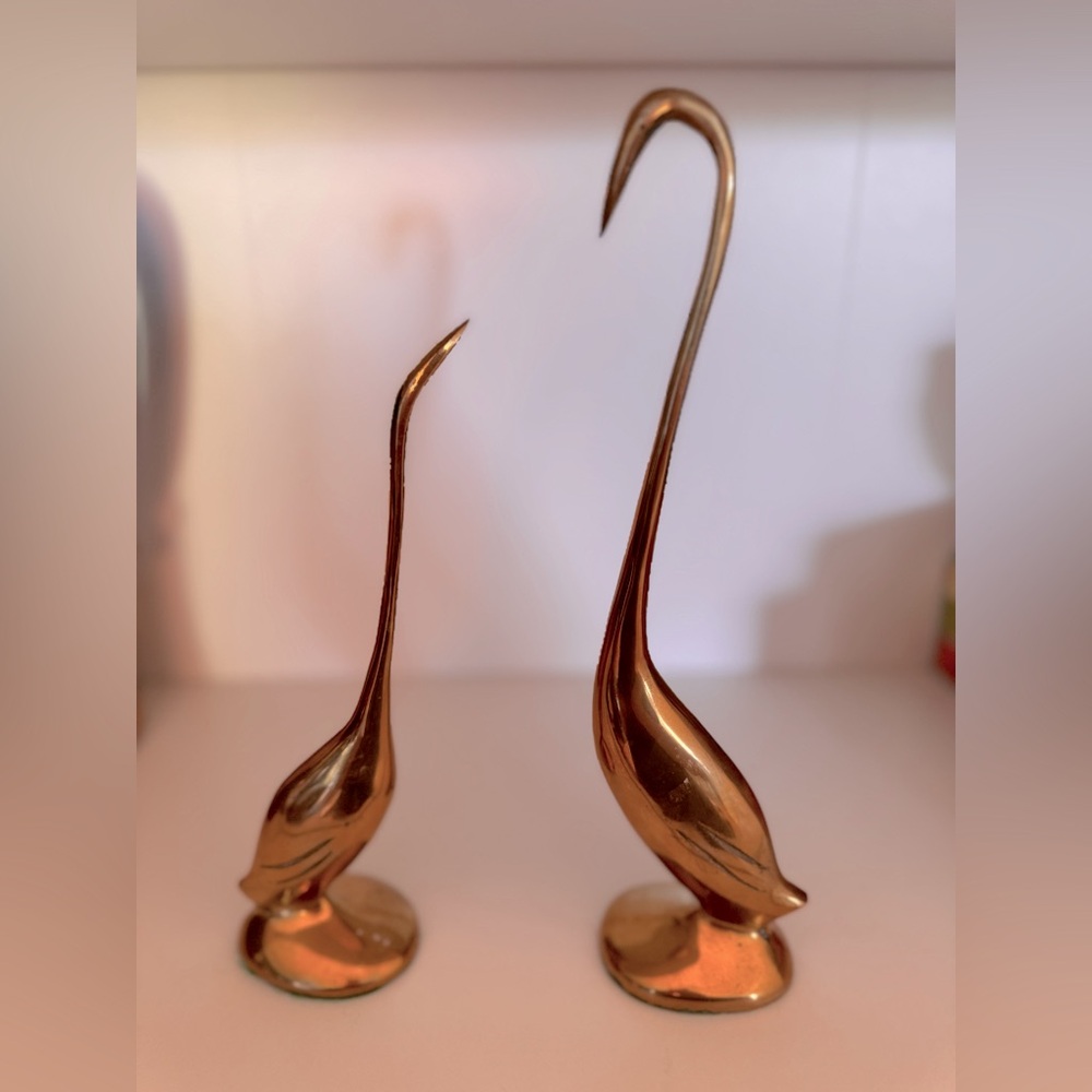 Vintage Mid Century Modern Gatco Brass Bird Crane Sculptures 10.25" & 9" Pair
